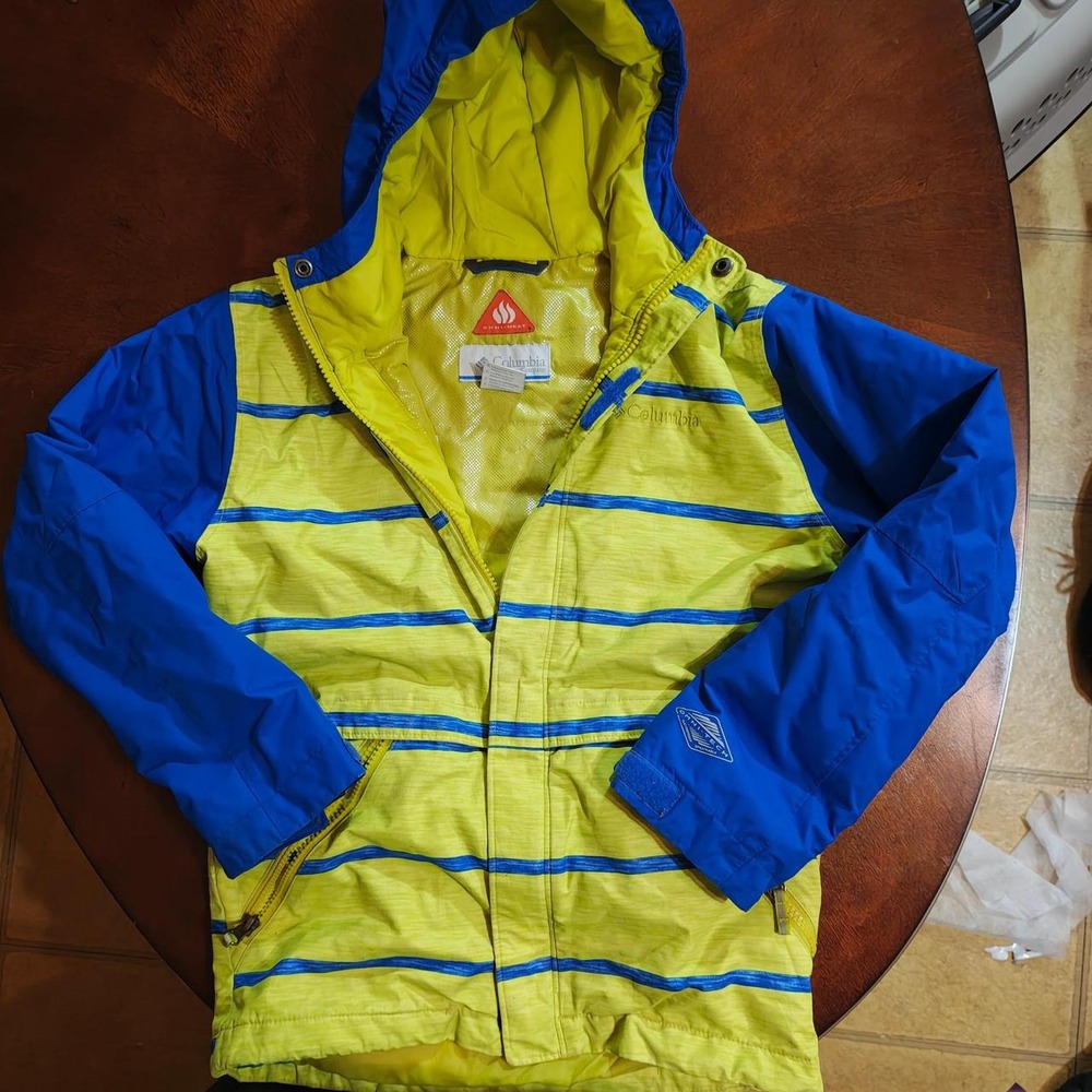 Columbia Omni-Heat Omni-Tech Ski Jacket Blue Yellow Striped Hooded Womens S